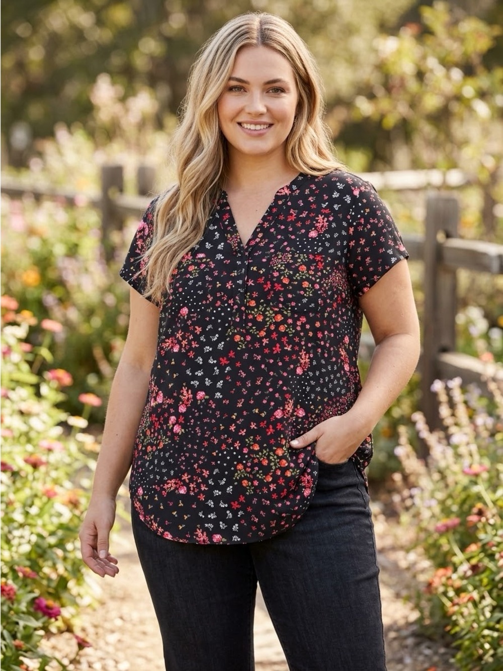 TORRID Harper Floral Black Rayon Twill Short Sleeve Tunic Blouse 2X